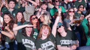 Leeds fans cheering in the crowd at Varsity